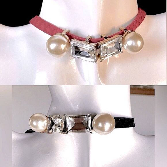 Leather Pearl Choker l Red or Black l Vntg/New - Picture 8 of 8